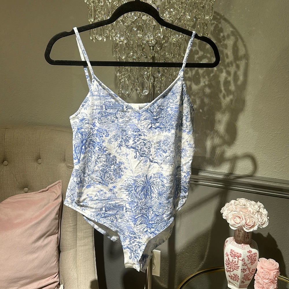 Blue and white Toile print body suit